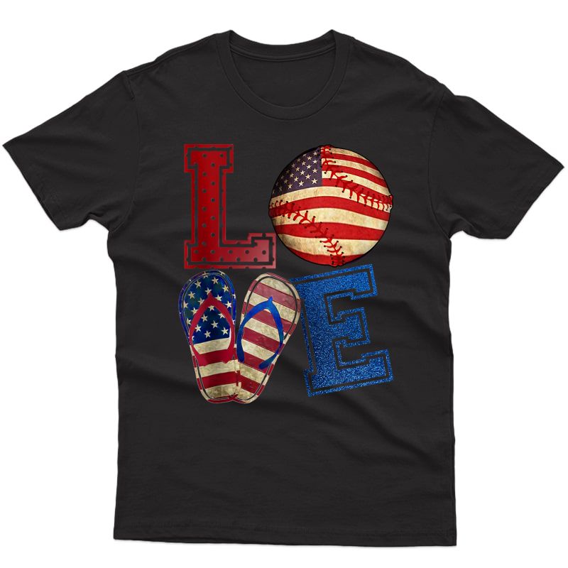 Love Baseball Softball Flip Flops Usa Flag 4th Of July Tank Top Shirts