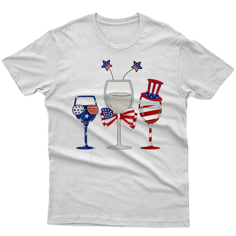Red Blue Wine Glasses American Flag 4th Of July Tshirt