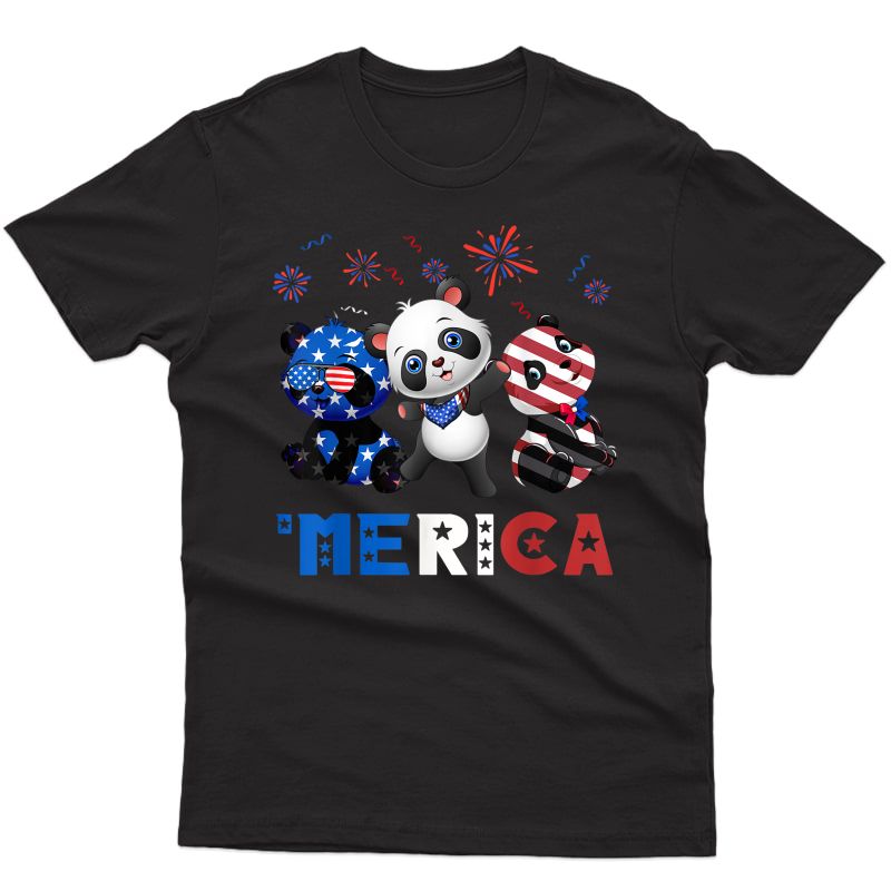 Three Panda Merica 4th Of July American Flag Patriotic T-shirt