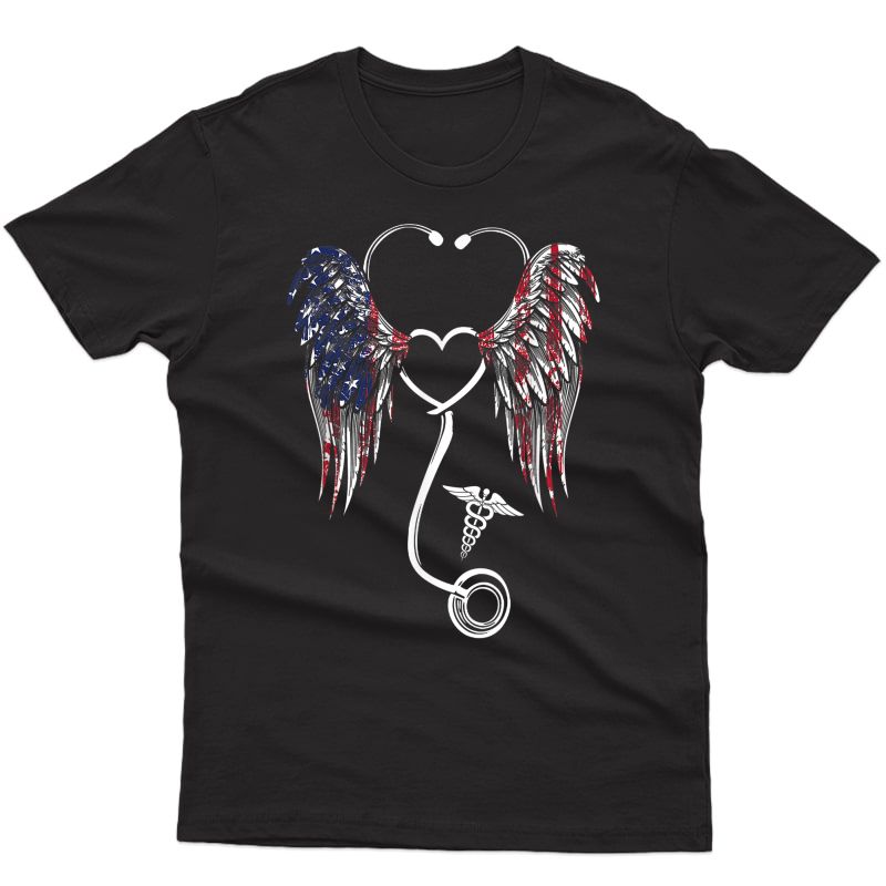 Usa Nurse Angel Wings Patriotic American Flag 4th Of July T-shirt