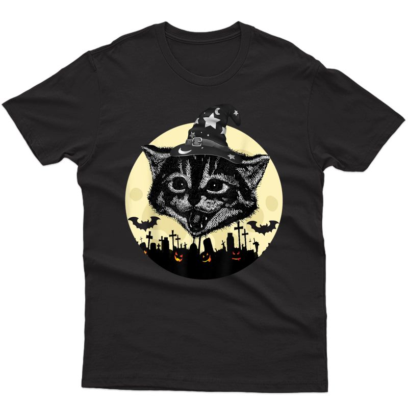 Vintage Scary Halloween Black Cat Witch Hat Moon Pumpkin Bat T-shirt
